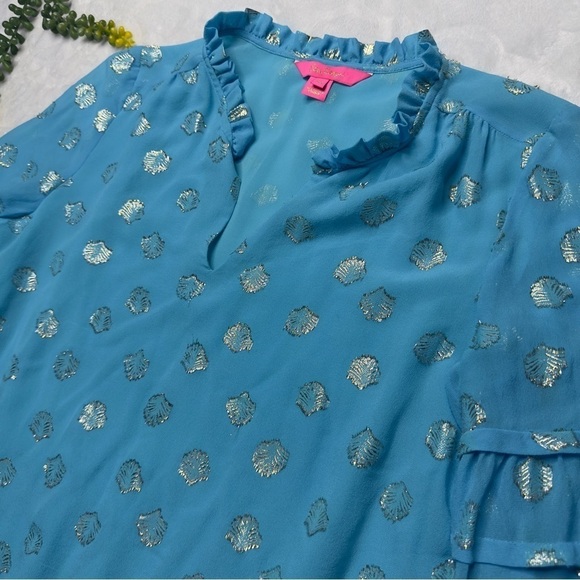 Lilly Pulitzer Giana Silk Long Sleeve Top in Bermuda Blue Seagrass and Gold XS - Picture 4 of 15